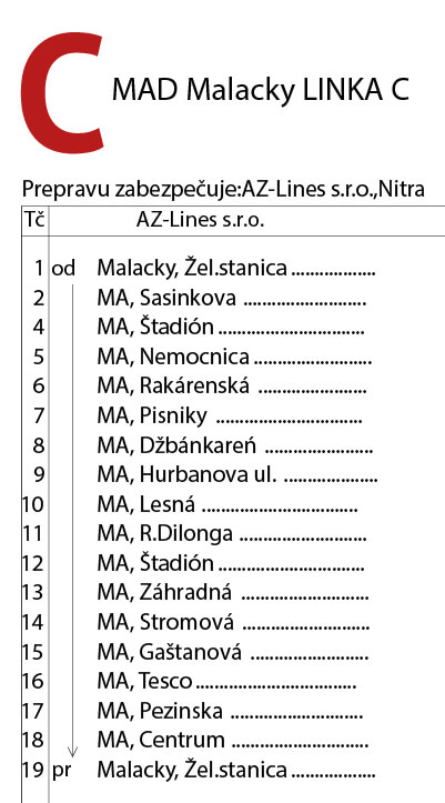 Linka C - zastávky - trasa